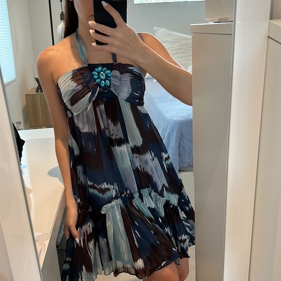 Women small brown blue cocktail halter dress with bead gems details on bust Y2K - Picture 2 of 8